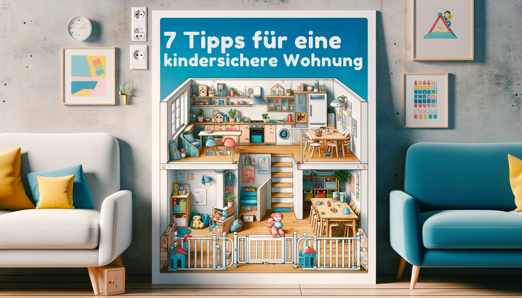 2 couches in weiß und hellblaue, in der Mitte des Raumes eine Tafel mit Kinderspielsachen und der Überschrift 7 Tipps für eine kindersichere Wohnung