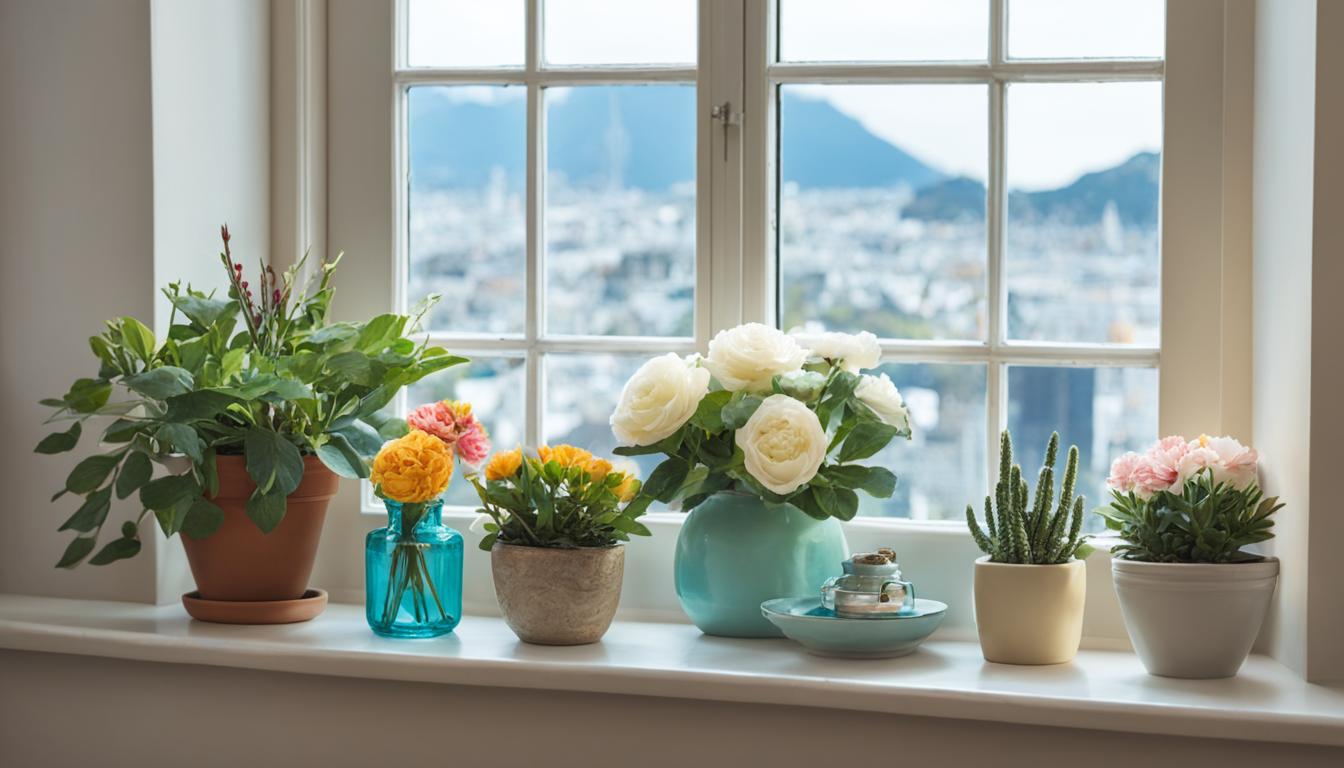 Fensterbank mit Blumen und Vasen in verschiedenen Farben