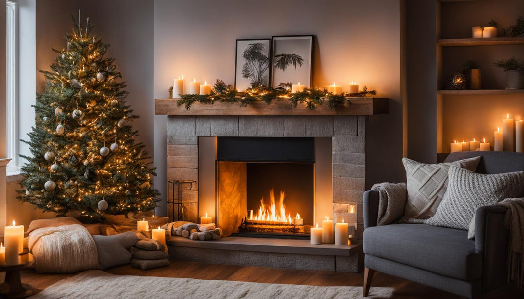 Wohnzimmer im hygge stil mit kaminfeuer und christbaum