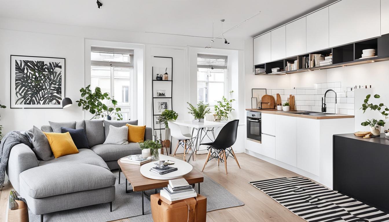 Wohnküche mit grauer couch und schöner weißer küche