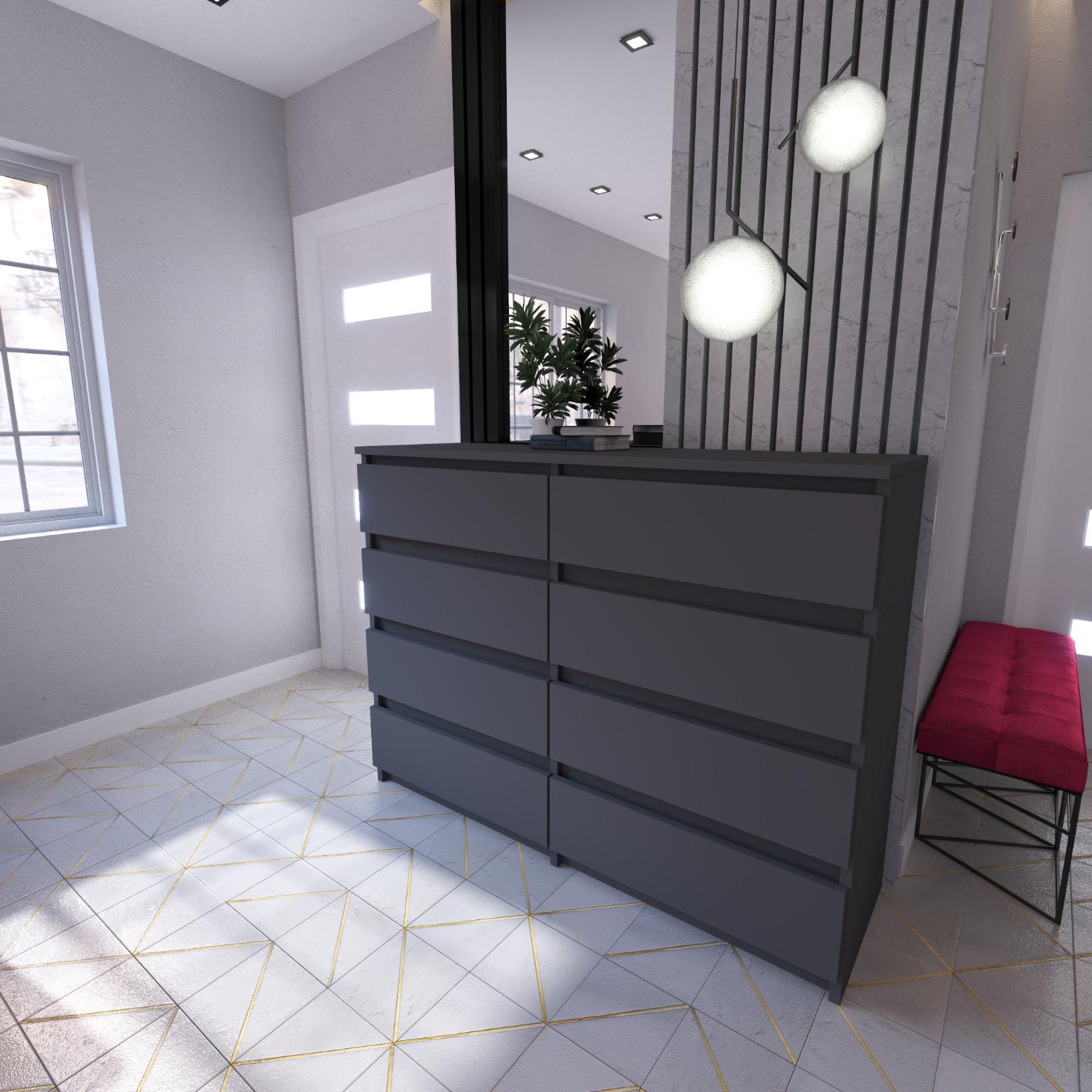 kommode mit 8 schubladen in grau matt im wohnzimmer