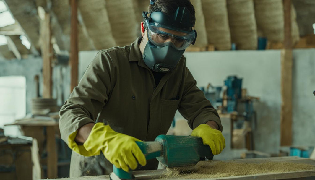 Mann mit Schutzbrille und handschuhen schleift möbelstück ab