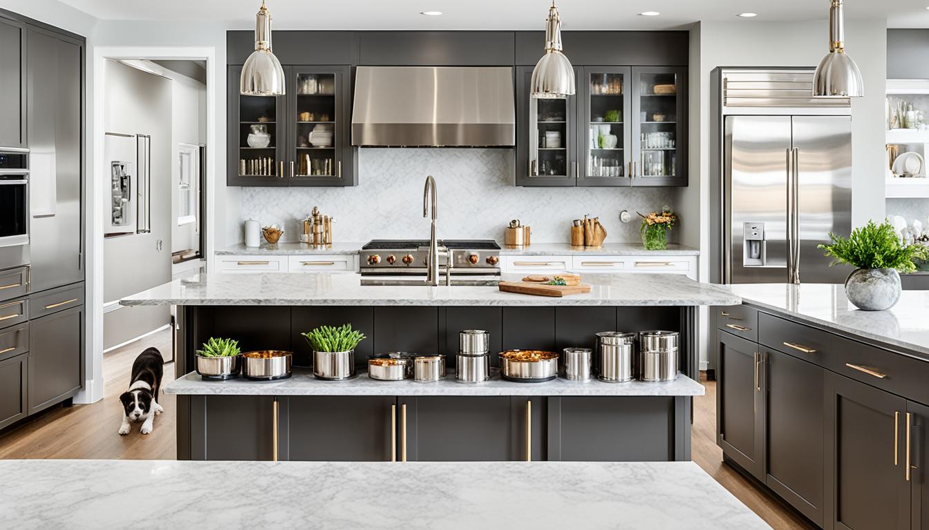 Küche in modernem Stil und grauen Farben. Hund ist mit im Bild