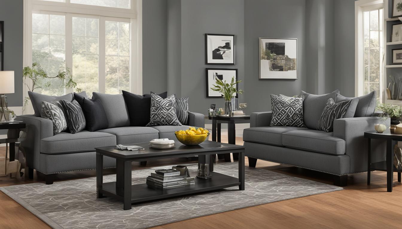 Graues Sofa mit hellem Teppich und Graue Wände