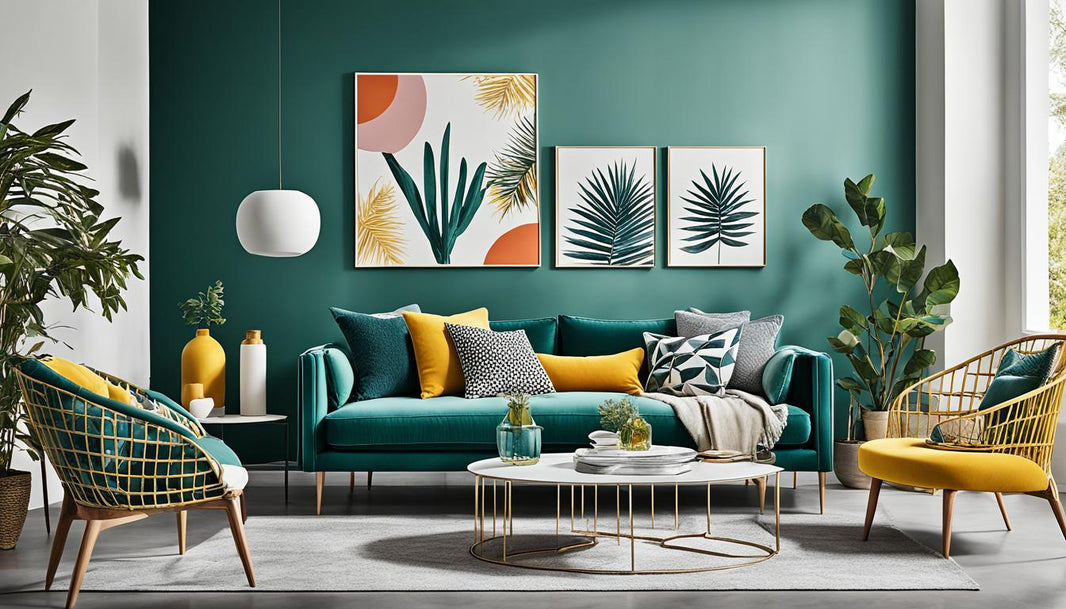Dunkelgrüne Wandfarbe mit Sofa und Stühlen im Vordergrund
