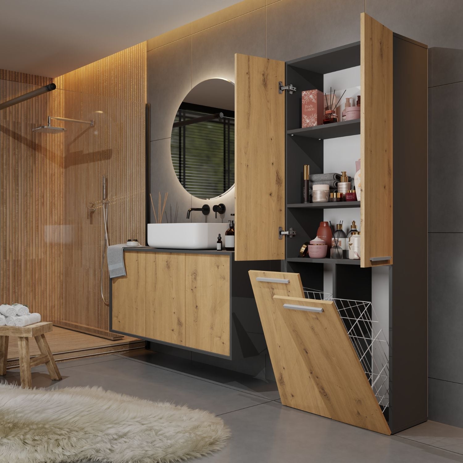 Weißer Badezimmerschrank an der Wand im Badezimmer über Toilette neben Fenster mit weißen Gardinen und schwarzen Heizkörper