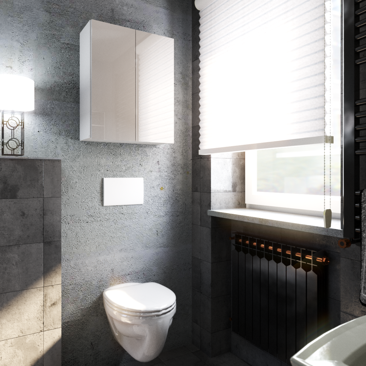 Weißer Badezimmerschrank an der Wand im Badezimmer über Toilette neben Fenster mit weißen Gardinen und schwarzen Heizkörper