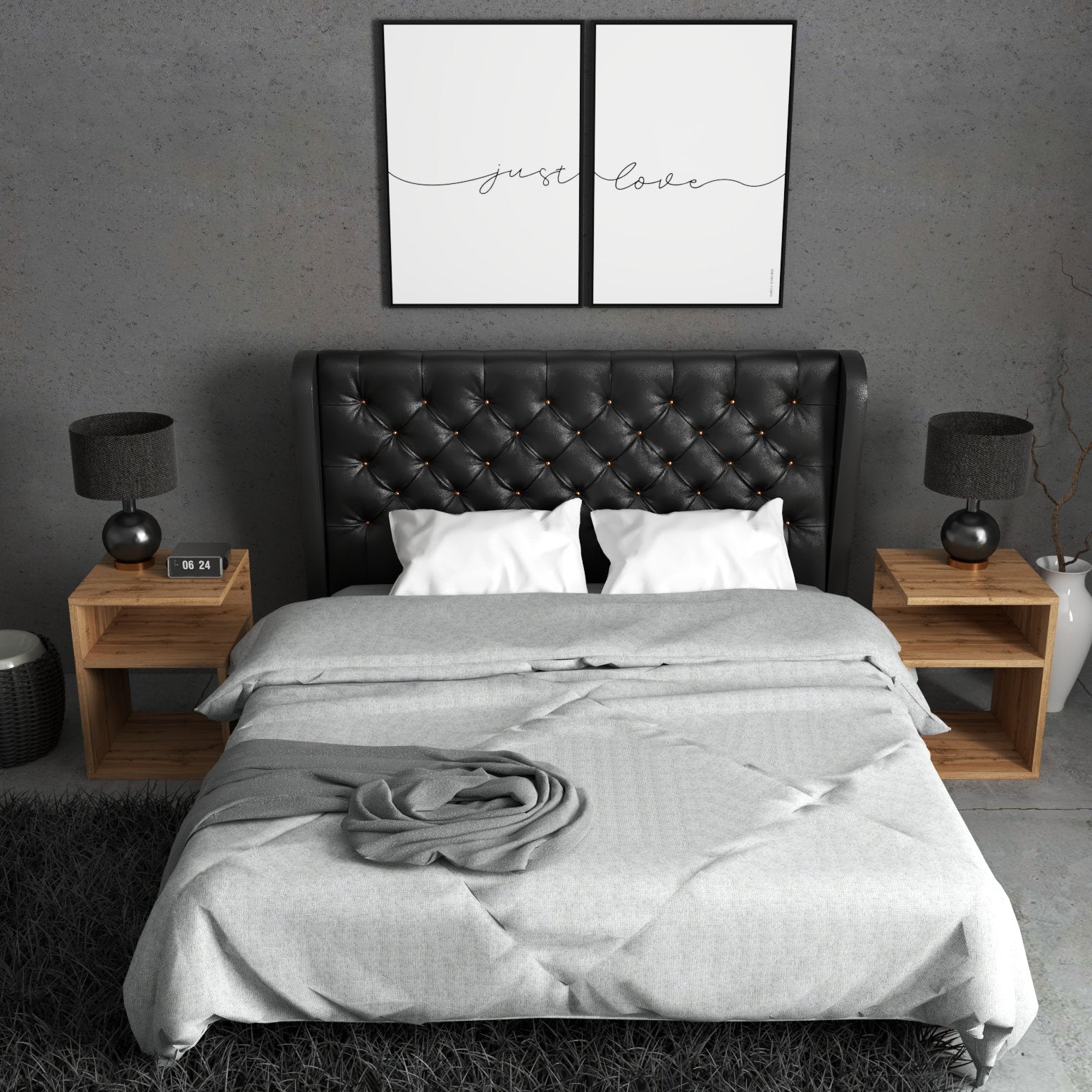 2 Nachttische in Eiche neben einem Schwarzen Bett mit grauer Decke und weißen Pölstern. An der grauen Wand hängen noch 2 Weiße Bilder