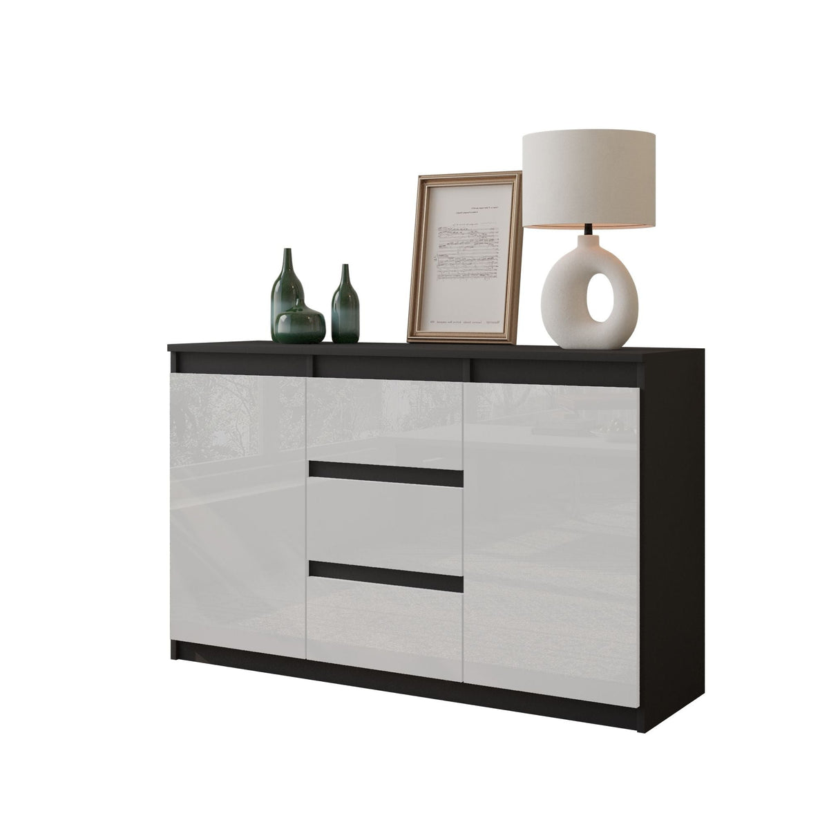 Mikel Sideboard 120 cm / 3 Schubladen in Farbe Anthrazit Weiß Hochglanz von kommodly