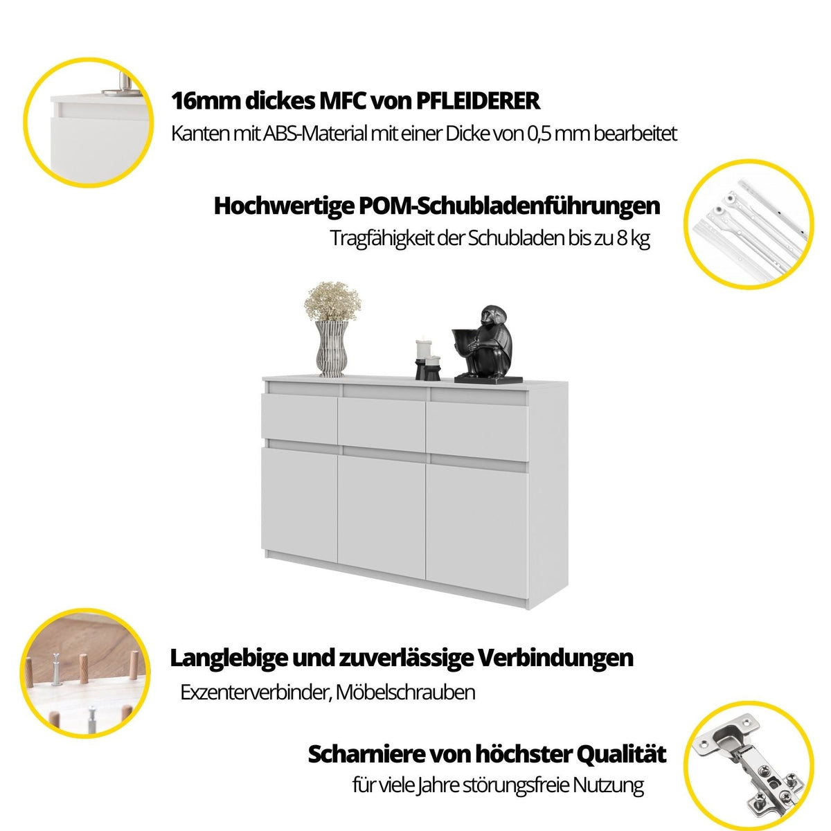 Noah Sideboard 120 cm / 3 Schubladen in Farbe von kommodly