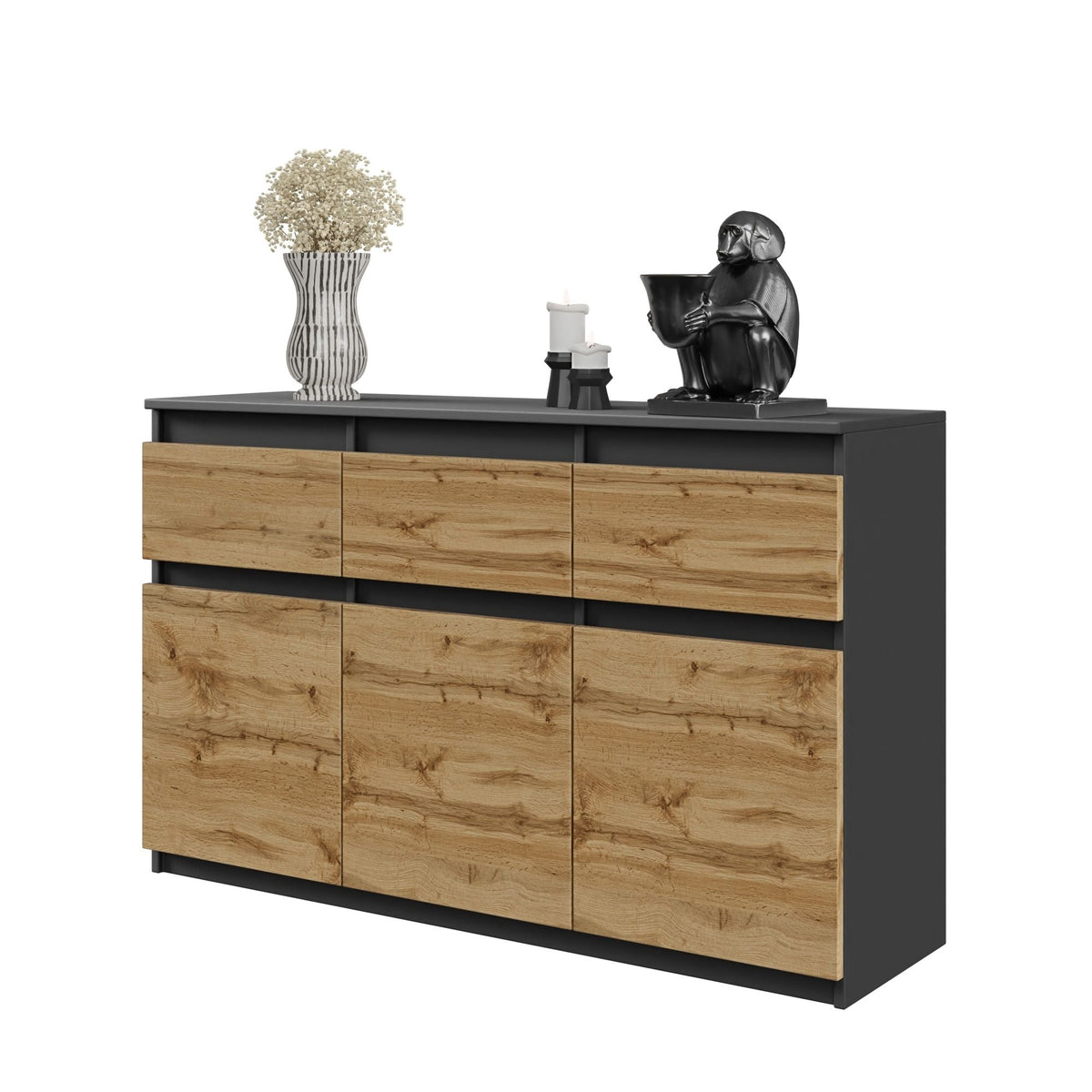 Noah Sideboard 120 cm / 3 Schubladen in Farbe Anthrazit Wotan Eiche von kommodly