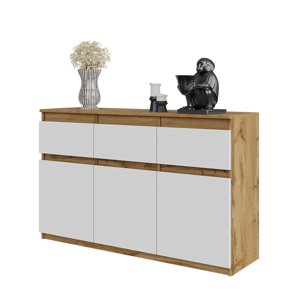 Noah Sideboard 120 cm / 3 Schubladen in Farbe Wotan Eiche Weiß Matt von kommodly
