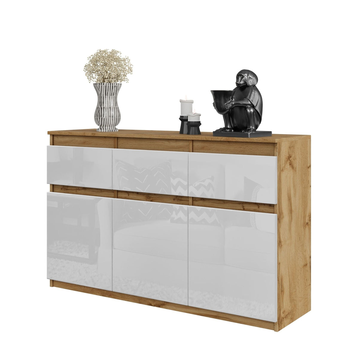 Noah Sideboard 120 cm / 3 Schubladen in Farbe Wotan Eiche Weiß Hochglanz von kommodly