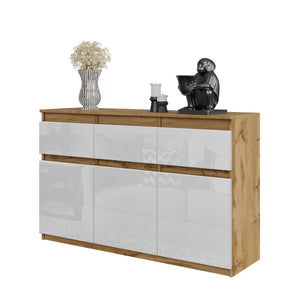 Noah Sideboard 120 cm / 3 Schubladen in Farbe Wotan Eiche Weiß Hochglanz von kommodly