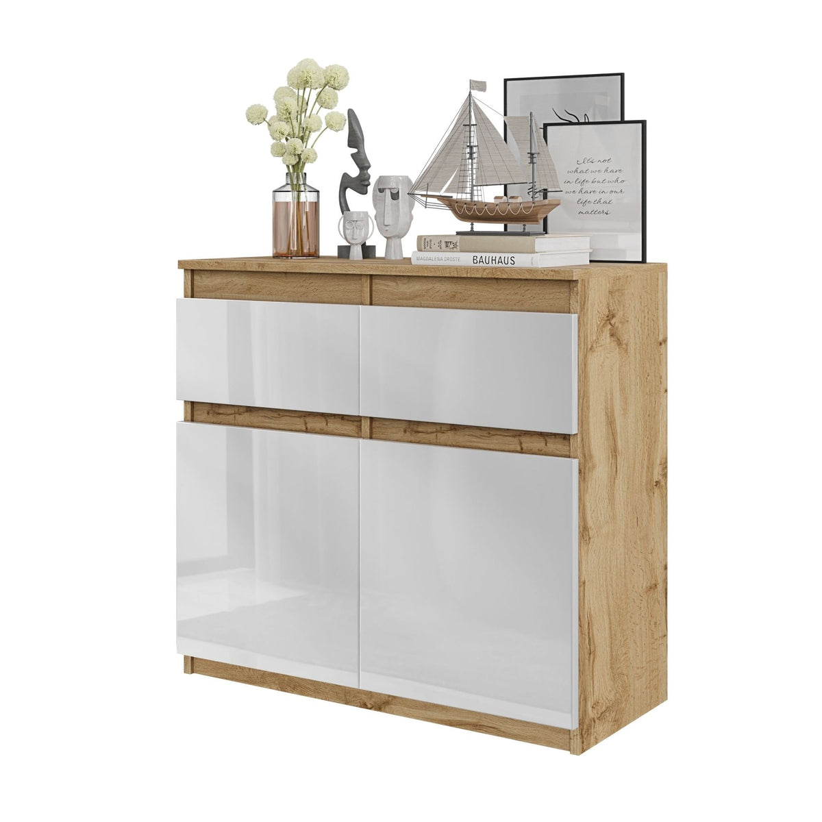 Noah Sideboard 80 cm / 2 Schubladen in Farbe Wotan Eiche Weiß Hochglanz von kommodly