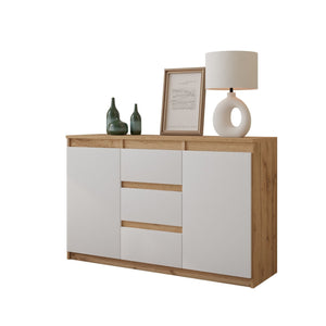 Mikel Sideboard 120 cm / 3 Schubladen in Farbe Wotan Eiche Weiß Matt von kommodly