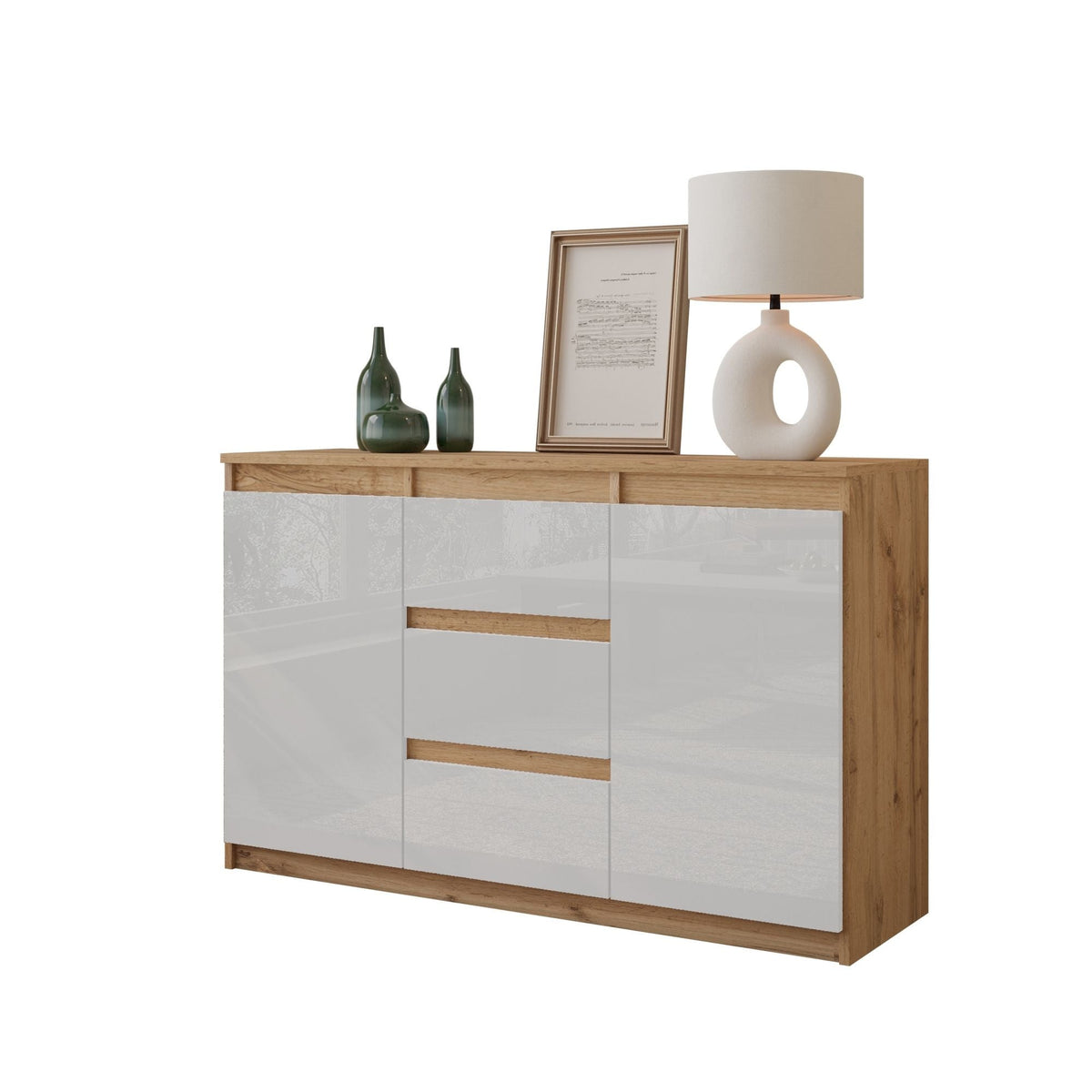 Mikel Sideboard 120 cm / 3 Schubladen in Farbe Wotan Eiche Weiß Hochglanz von kommodly