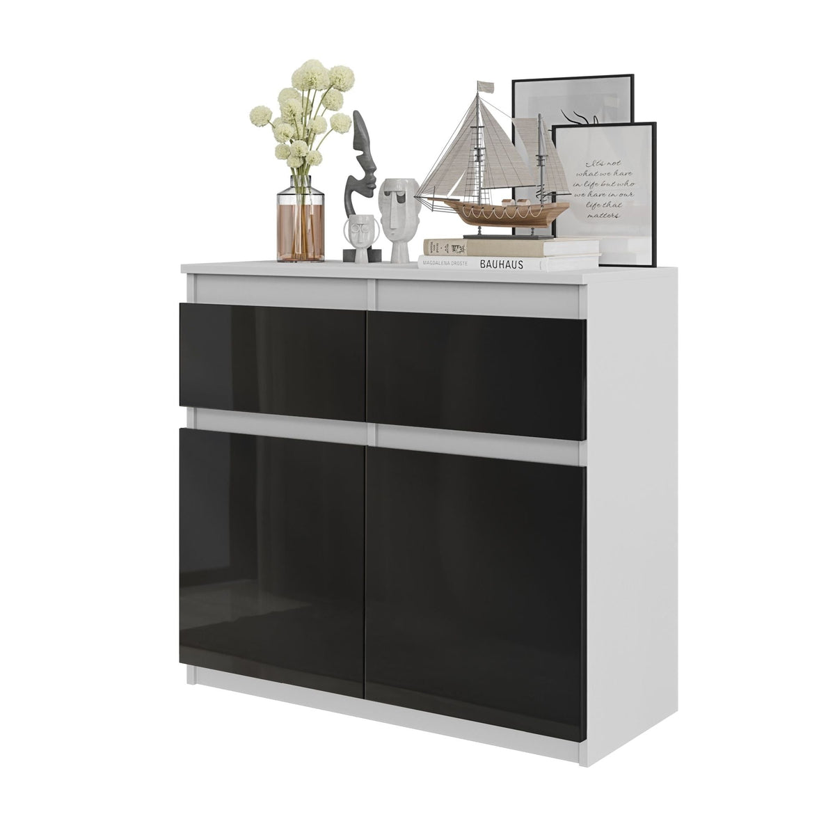 Noah Sideboard 80 cm / 2 Schubladen in Farbe Weiß Matt Schwarz Hochglanz von kommodly