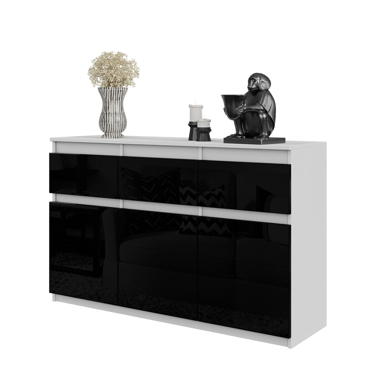 Noah Sideboard 120 cm / 3 Schubladen in Farbe Weiß Matt Schwarz Hochglanz von kommodly