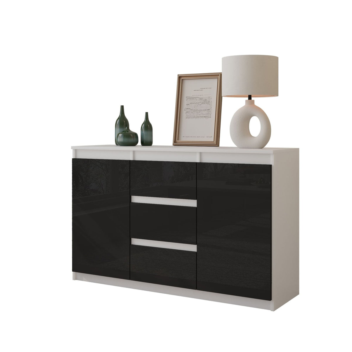 Mikel Sideboard 120 cm / 3 Schubladen in Farbe Weiß Matt Schwarz Hochglanz von kommodly
