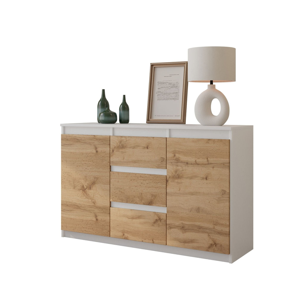 Mikel Sideboard 120 cm / 3 Schubladen in Farbe Weiß Matt Wotan Eiche von kommodly