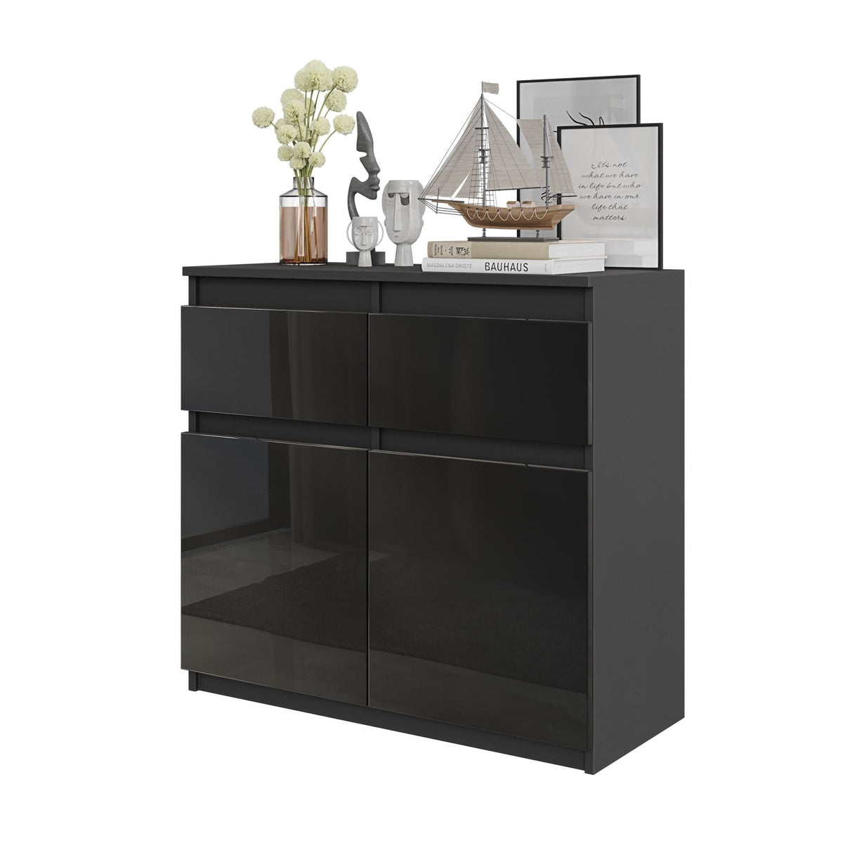 Noah Sideboard 80 cm / 2 Schubladen in Farbe Anthrazit Schwarz Hochglanz von kommodly