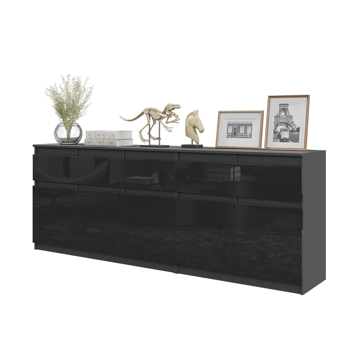 Noah Kommoden-Set 200 cm, 2-teilig in Farbe Anthrazit Schwarz Hochglanz von kommodly