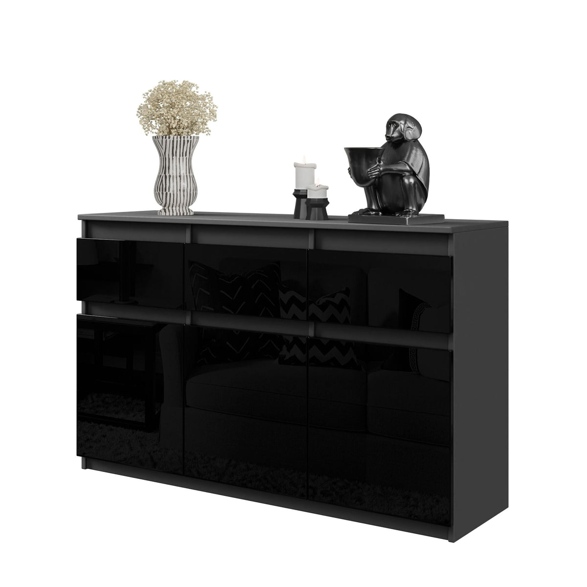 Noah Sideboard 120 cm / 3 Schubladen in Farbe Anthrazit Schwarz Hochglanz von kommodly