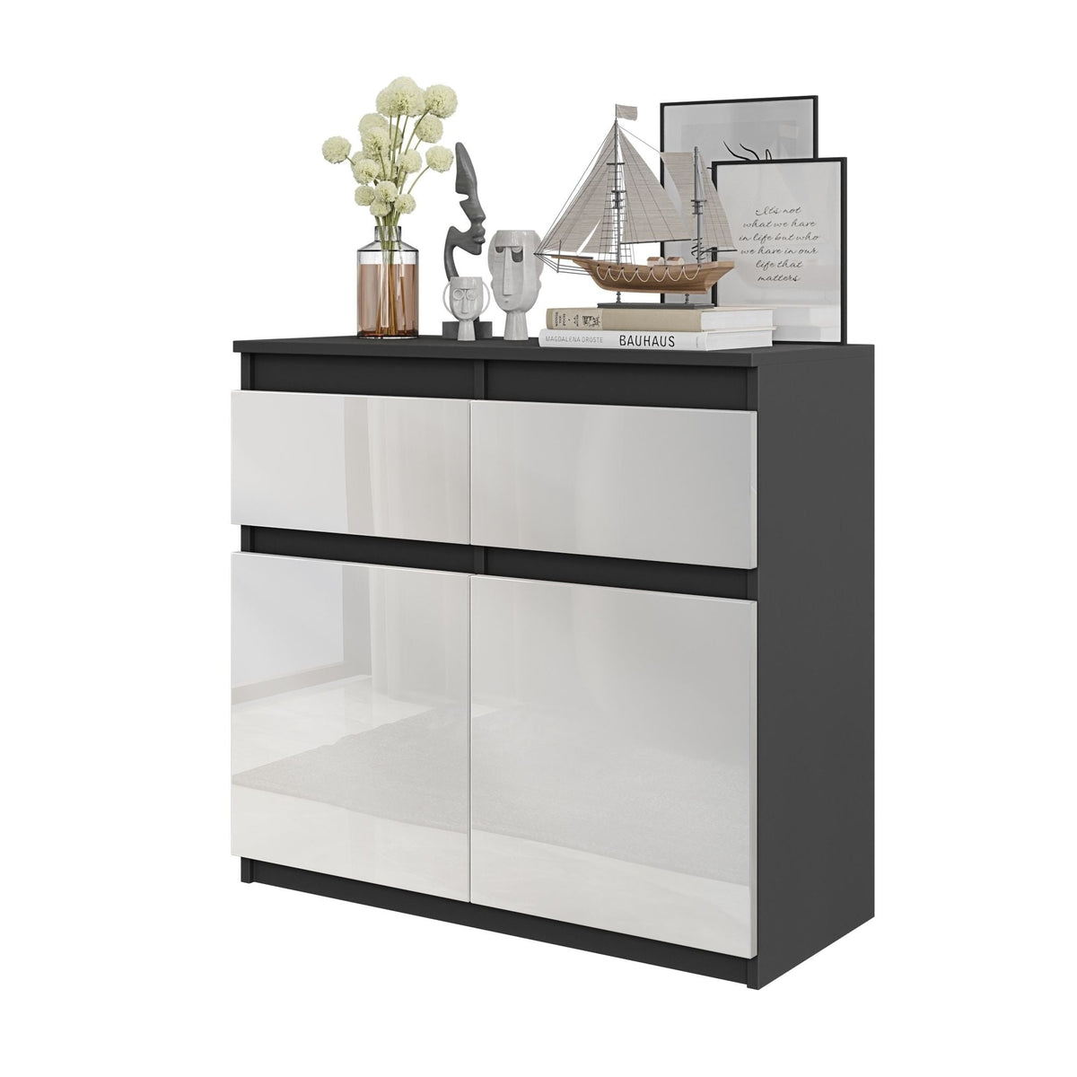 Noah Sideboard 80 cm / 2 Schubladen in Farbe Anthrazit Weiß Hochglanz von kommodly