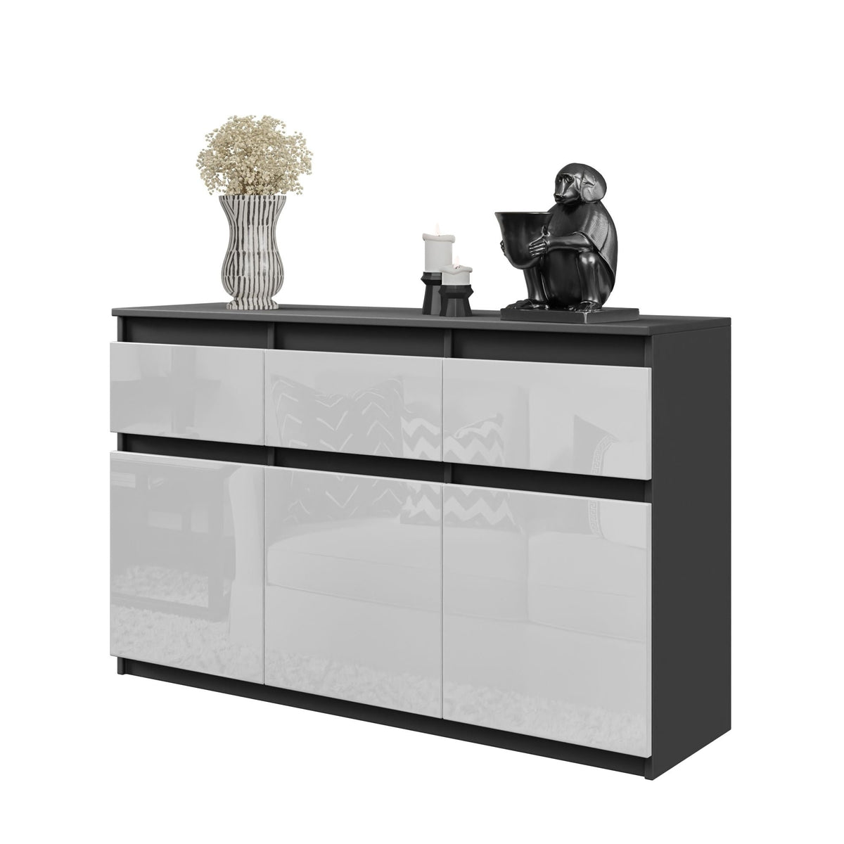 Noah Sideboard 120 cm / 3 Schubladen in Farbe Anthrazit Weiß Hochglanz von kommodly