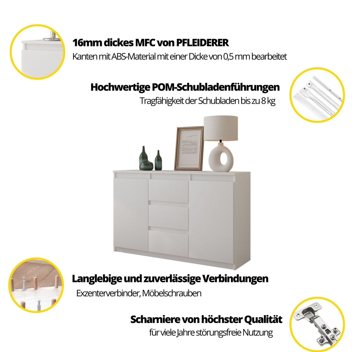Mikel Sideboard 120 cm / 3 Schubladen in Farbe von kommodly