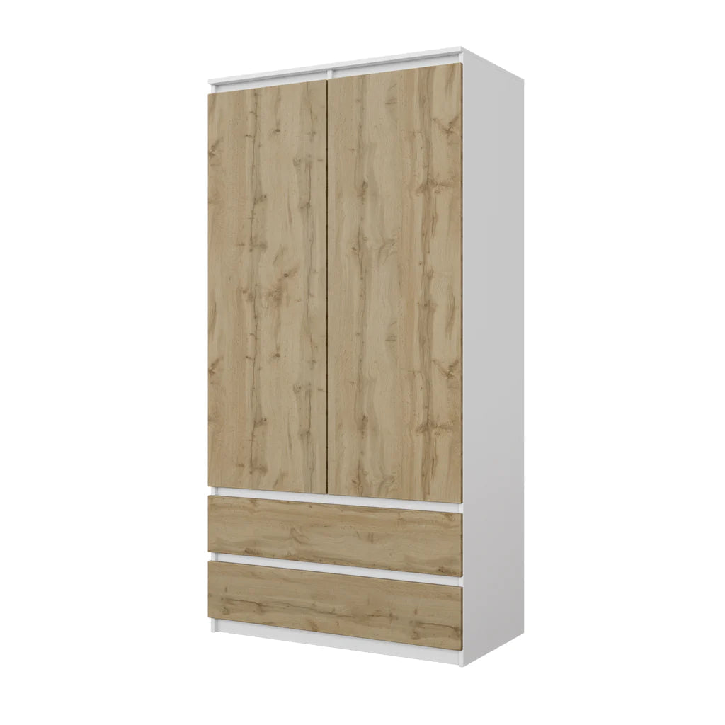 Joelle Kleiderschrank 90 cm / 2 Türen in Farbe Weiß Matt Wotan Eiche von kommodly