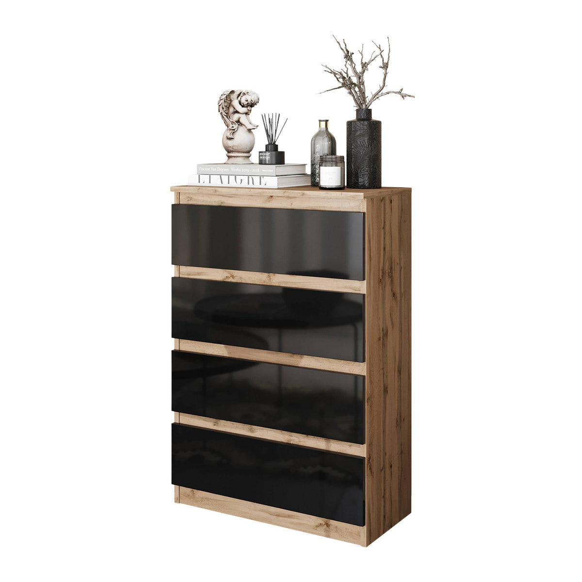 Gabriel Kommode 60 cm / 4 Schubladen in Farbe Wotan Eiche Schwarz Hochglanz von kommodly