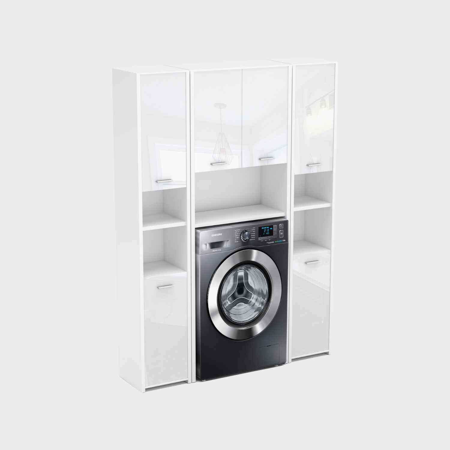 Waschmaschinenschrank Waschli Set 3 in Farbe Weiß Hochglanz von Kommodly