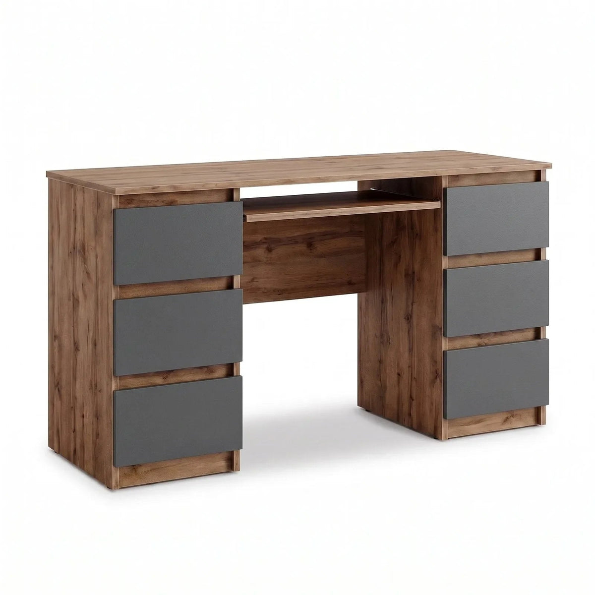 CUBA Schreibtisch 130 cm / 6 Schubladen in Farbe Wotan Eiche Anthrazit von kommodly