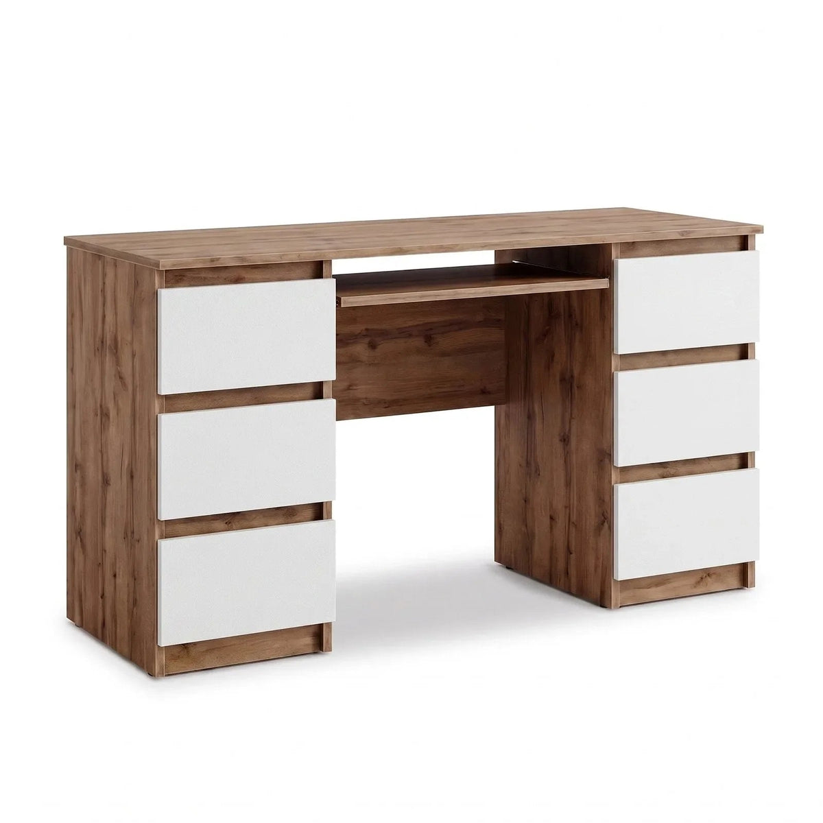 CUBA Schreibtisch 130 cm / 6 Schubladen in Farbe Wotan Eiche Weiß Matt von kommodly